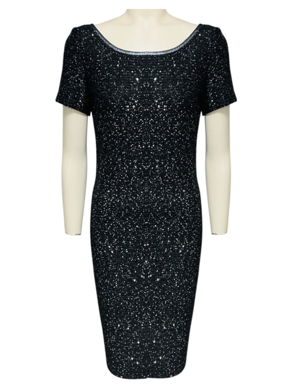 ST. JOHN BLUE / BLACK / SILVER METALLIC SEQUINED SHORT SLEEVED KNIT DRESS